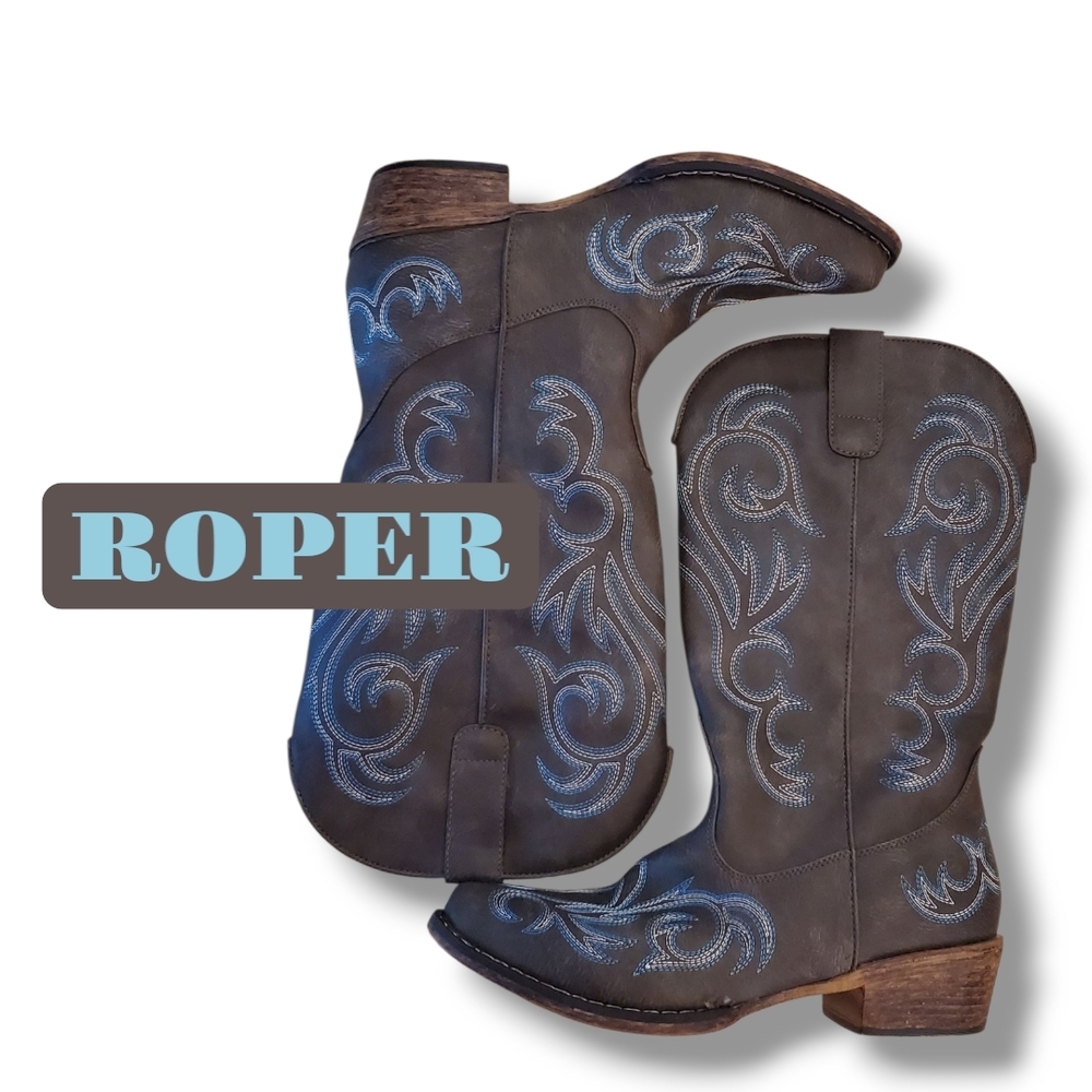 Roper Riley Brown Vintage Cowgirl Western Boots Blue Stitch New Women's Size 8.5 - Picture 6 of 11